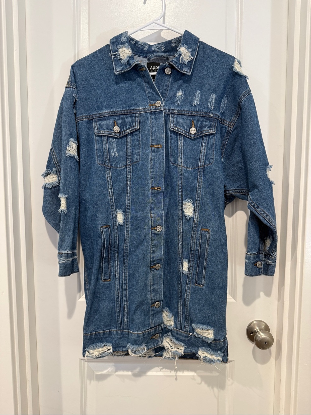 Vintage Carly Jean Los Angeles Distressed Longline Denim Jacket - Blue